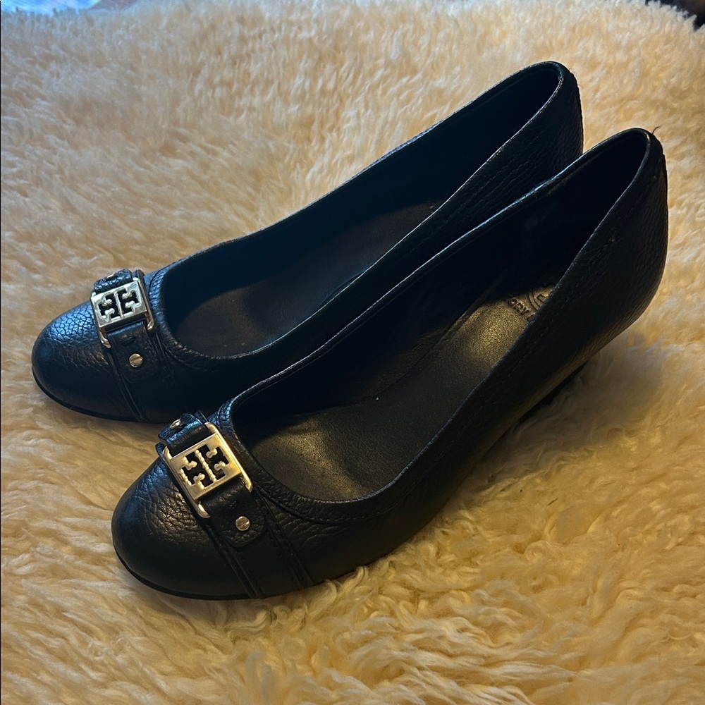 Tory Burch Black Leather Wedges with Goldtone Accents